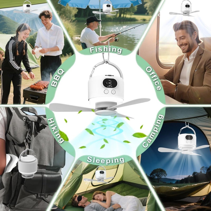 geonfi Camping Fan 10400mAh Battery Operated, USB Rechargeable Tent Fan with Remote Control,3 Detachable Blades, LED Light, 3 Speeds, Timer, Portable Ceiling Fan for Camping(White) - Image 5